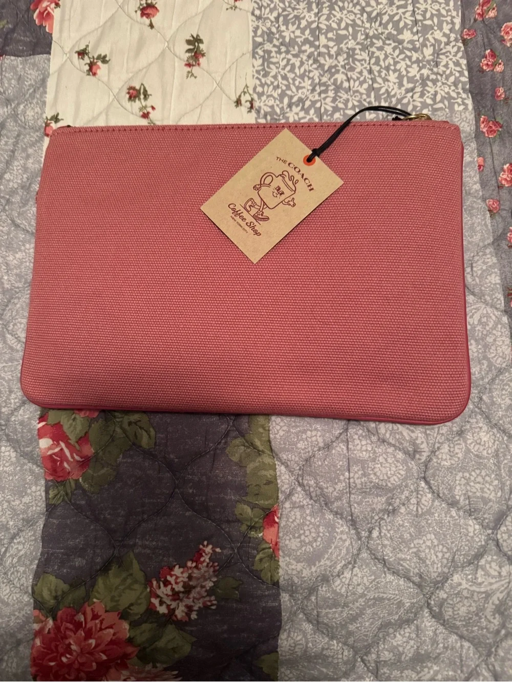 Coach Pink Canvas Coffee Shop Zip Pouch with Gold Accent